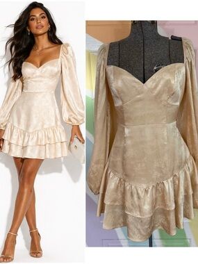 MAJORELLE Etta Cream Satin Romantic Long-Sleeve Ruffle Mini Dress Sz Small 🧡🍄